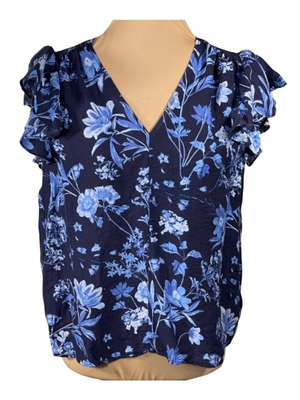 Gap Blouse Top Blue Floral Cap Sleeve Size S Small Ruffle